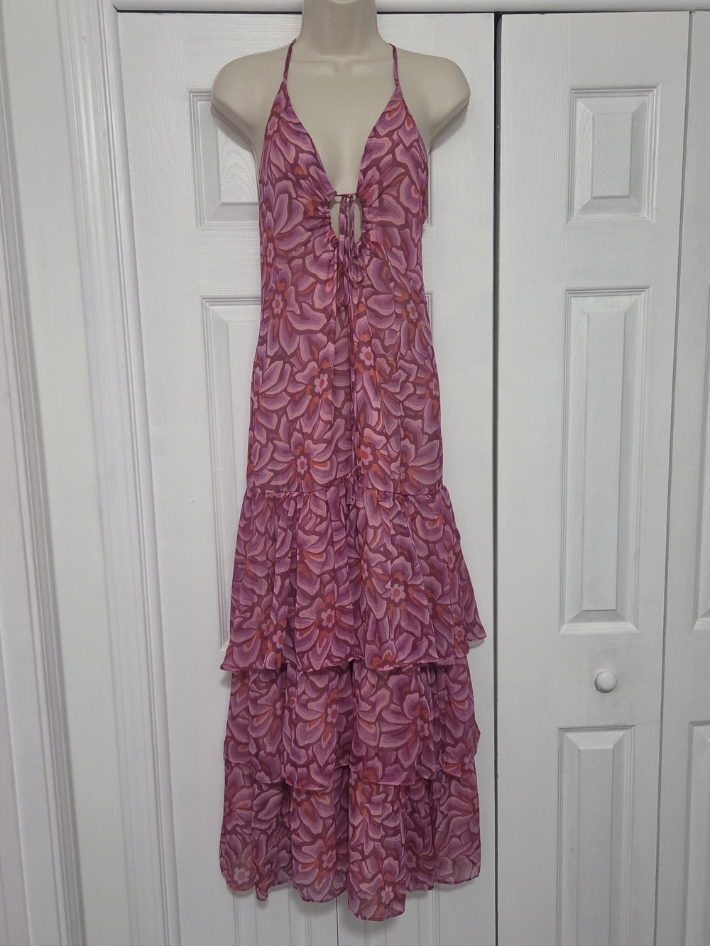 Topshop Pink Floral Tie-Front Tiered Maxi Dress